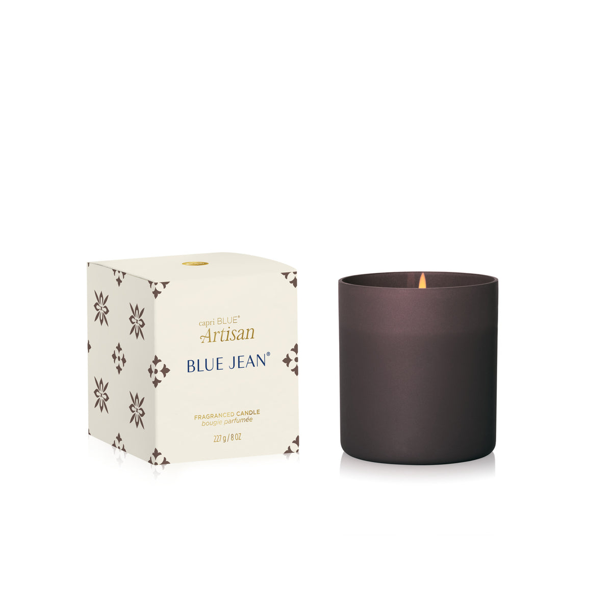 Blue Jean Artisan Terrazza Velluto Tumbler Candle next to its box on a white background