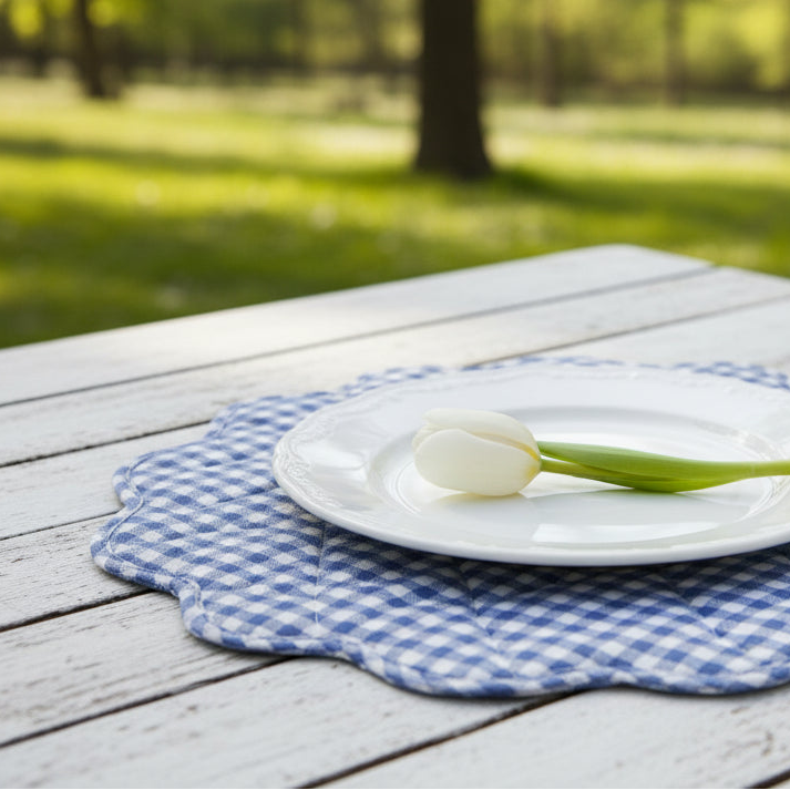 Blue and white checkered placemat with scalloped edge with plate on it on a picnic table