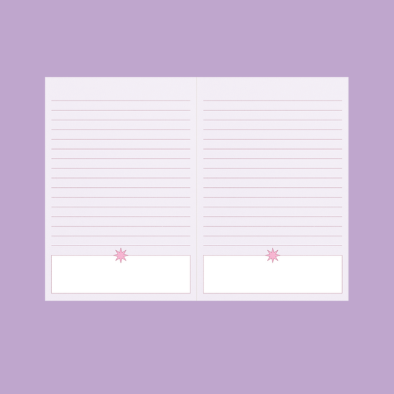 open notebook showing lined pages with a reminder section along the bottom on a purple background