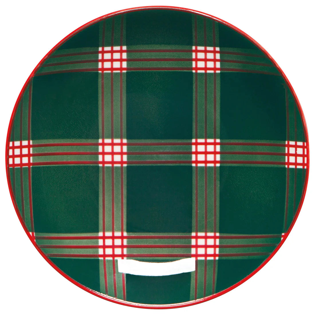 green plate with light green, red, and white plaid design.