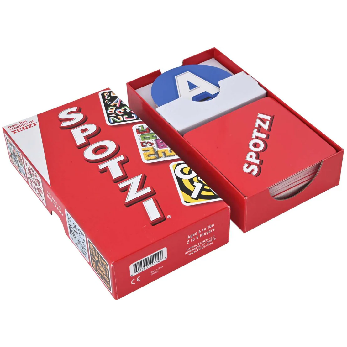 Red 'Spotzi' card game box with playing cards peeking out on a white background