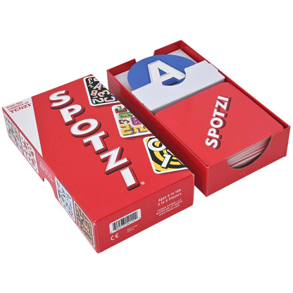Red 'Spotzi' card game box with playing cards peeking out on a white background