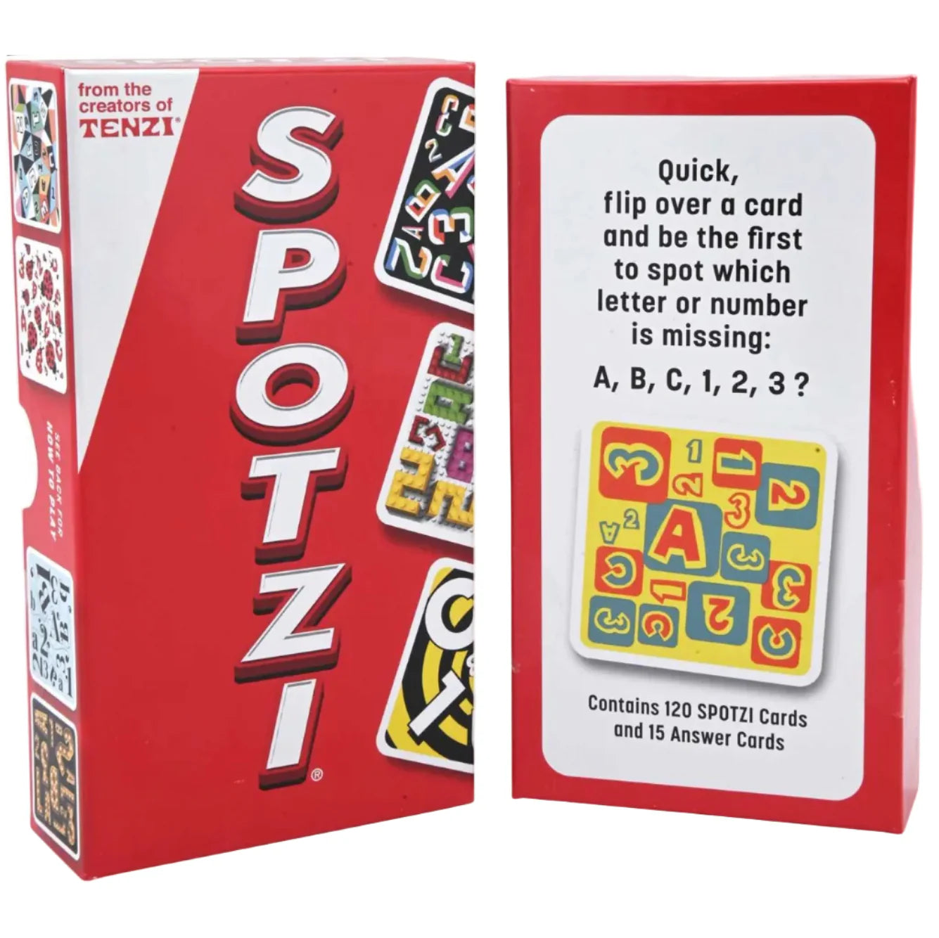 SPOTZI card game packaging with red and white design, featuring cards and text.