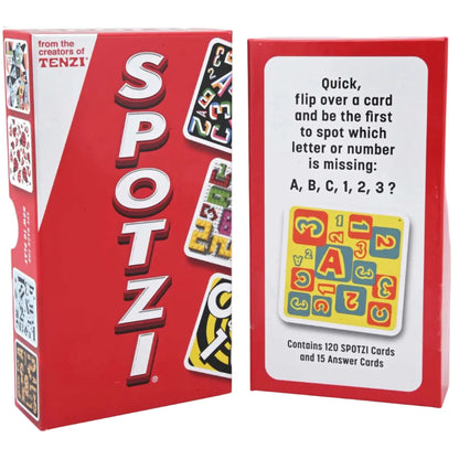 SPOTZI card game packaging with red and white design, featuring cards and text.