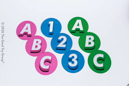 Colorful letter and number blocks on a white background