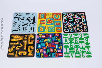 Set of colorful letter and number tiles on a white background