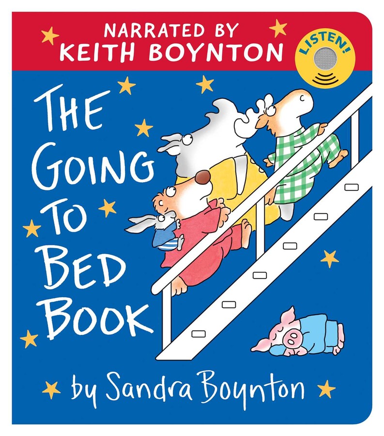 blue book cover featuring animals going to bed and white title text