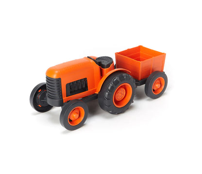 orange tractor with trailer shown on a white background.