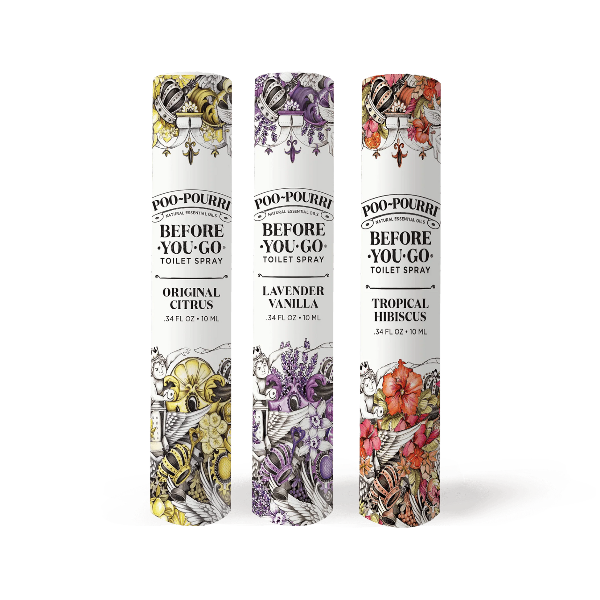 3 on the go poo pourri fragrances in the tube packaging on a white background.