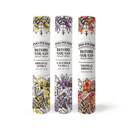3 on the go poo pourri fragrances in the tube packaging on a white background.