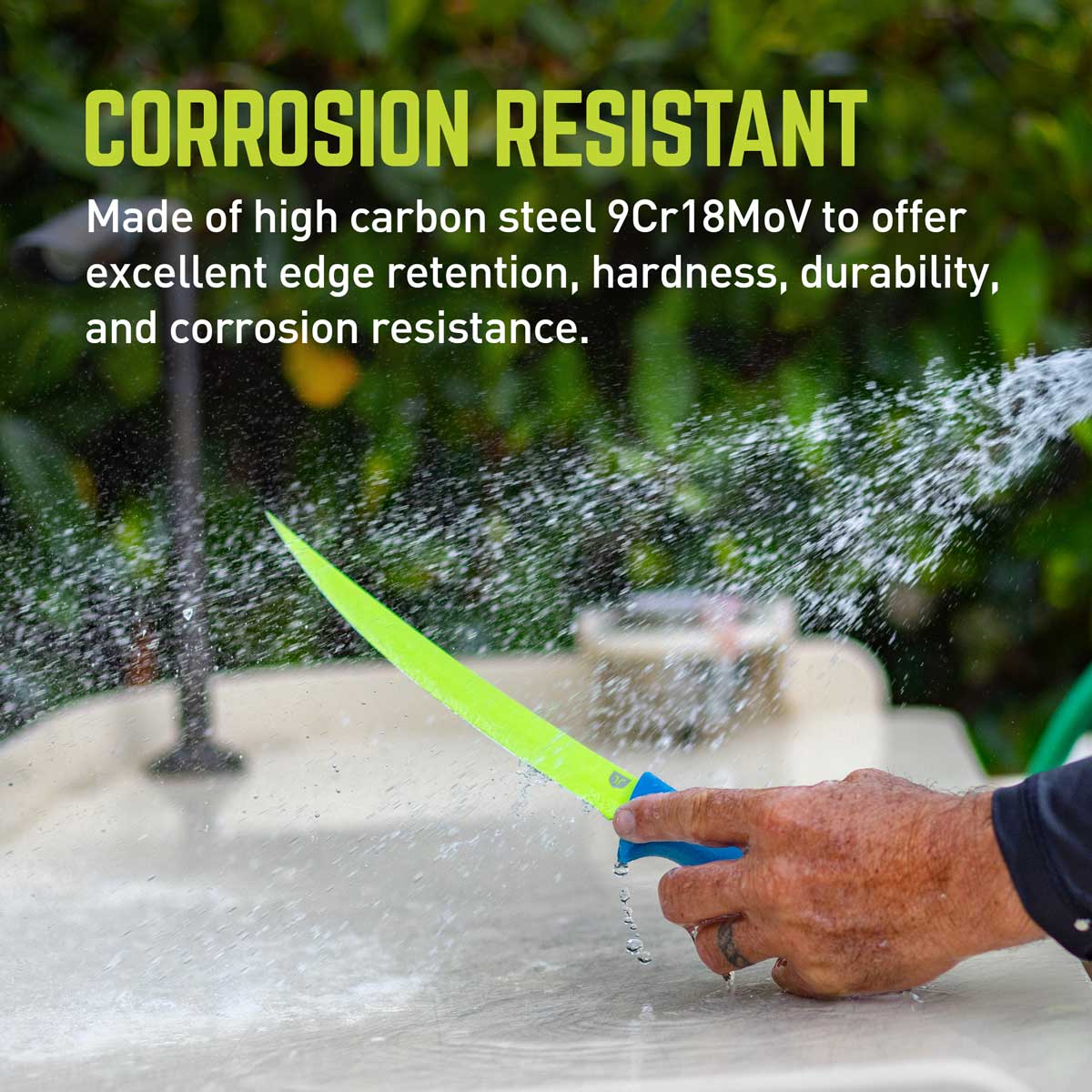hand holding SKY Flex Fillet Knife on running water with text from description