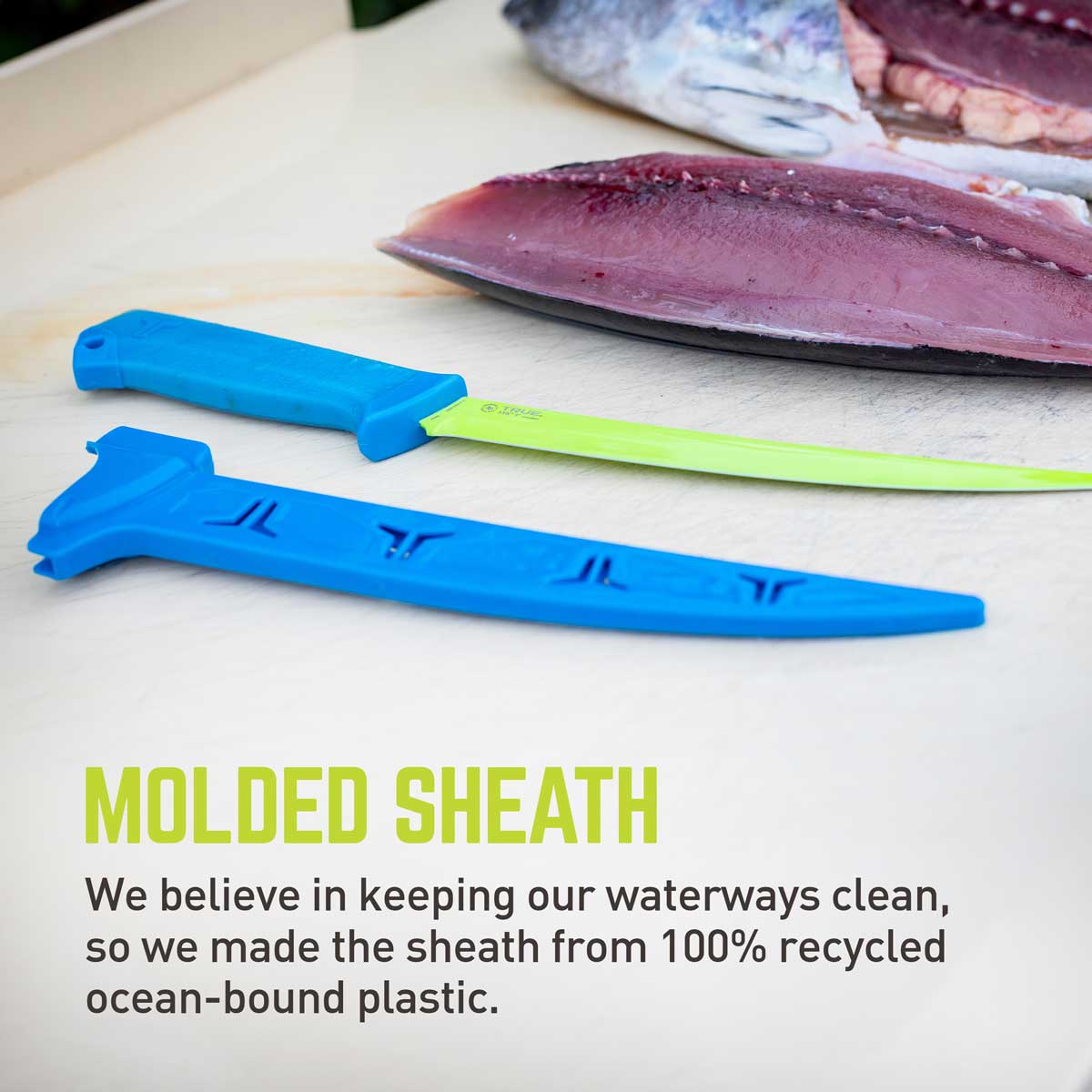 SKY Flex Fillet Knife without sheath laying on a counter with fish with text from description