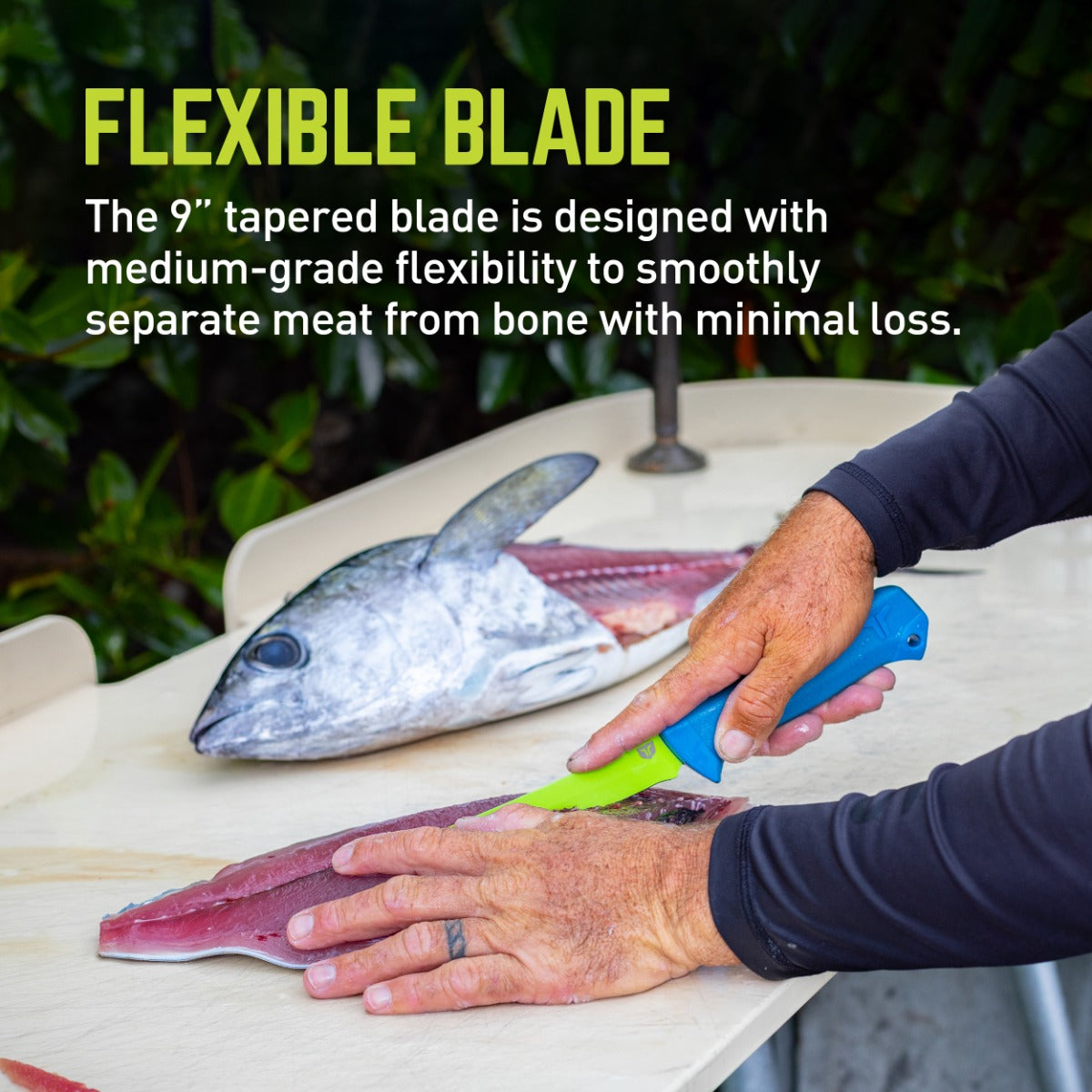 hands using SKY Flex Fillet Knife the cut fish with text from description