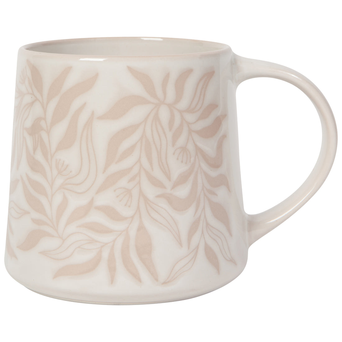 white mug with tan berryvine leaf pattern