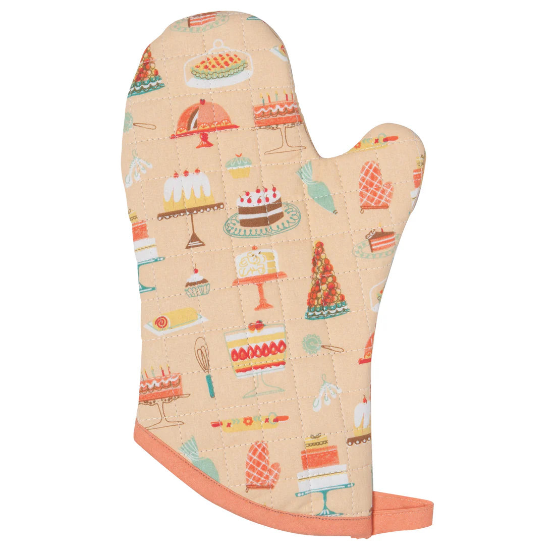 peach colored oven mitt printed with colorful cakes.