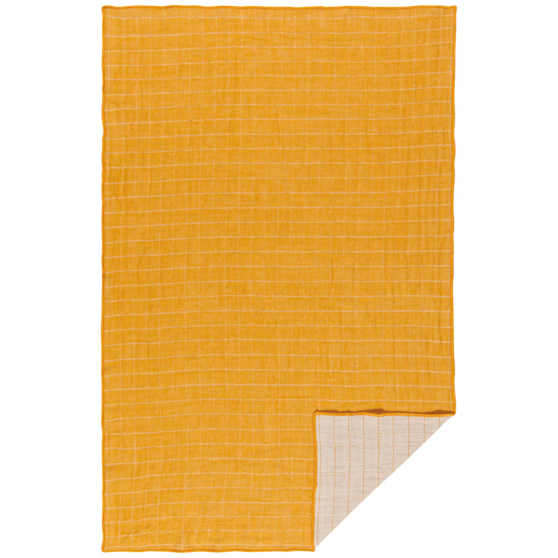 ochre colored double weave towel with bottom corner flapped over showing off-white color on the other side.