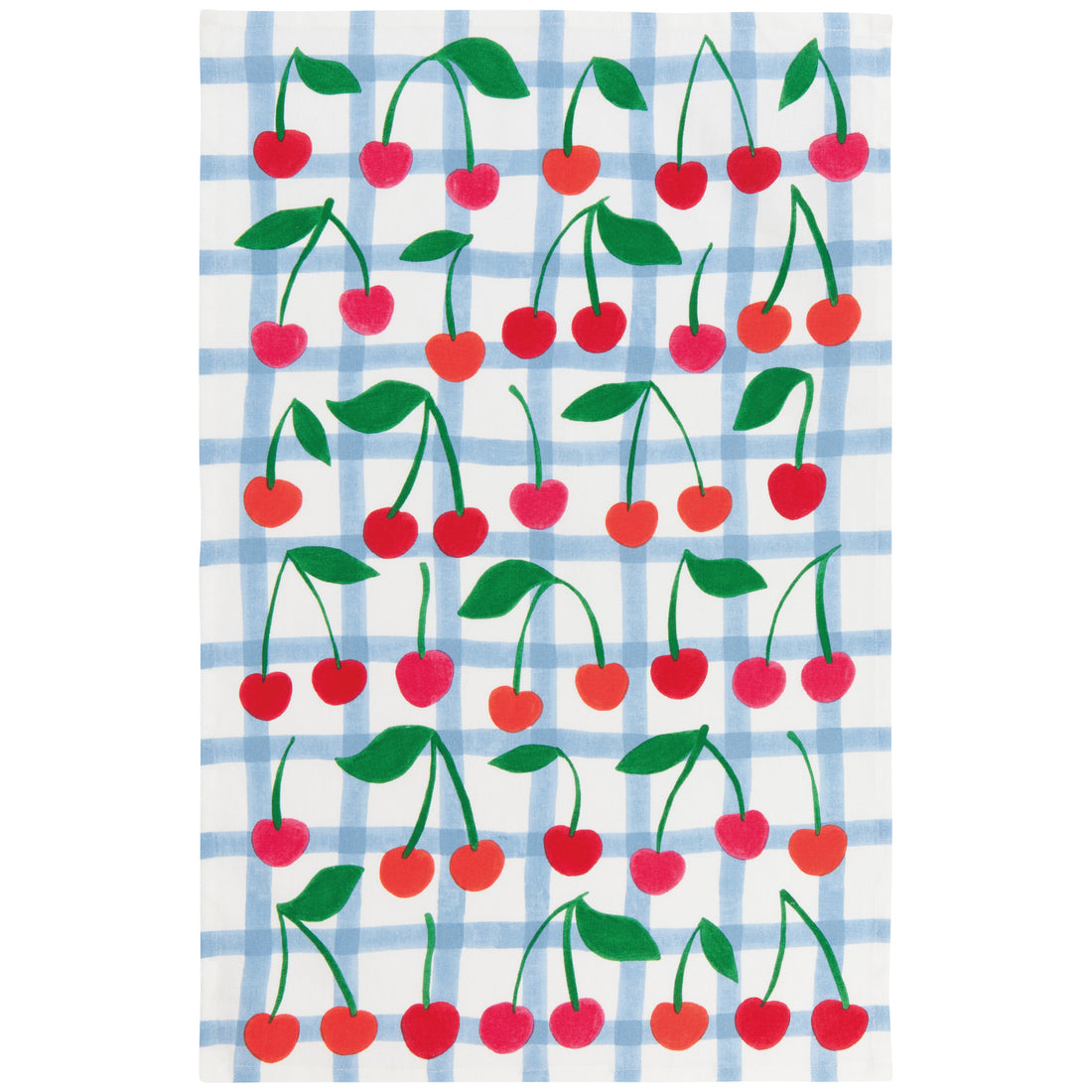 white and blue gingham patterned towel with red cherries covering it
