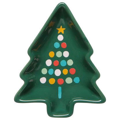 dark green tree shaped dish with a colorful dotted tree printed in the bottom.