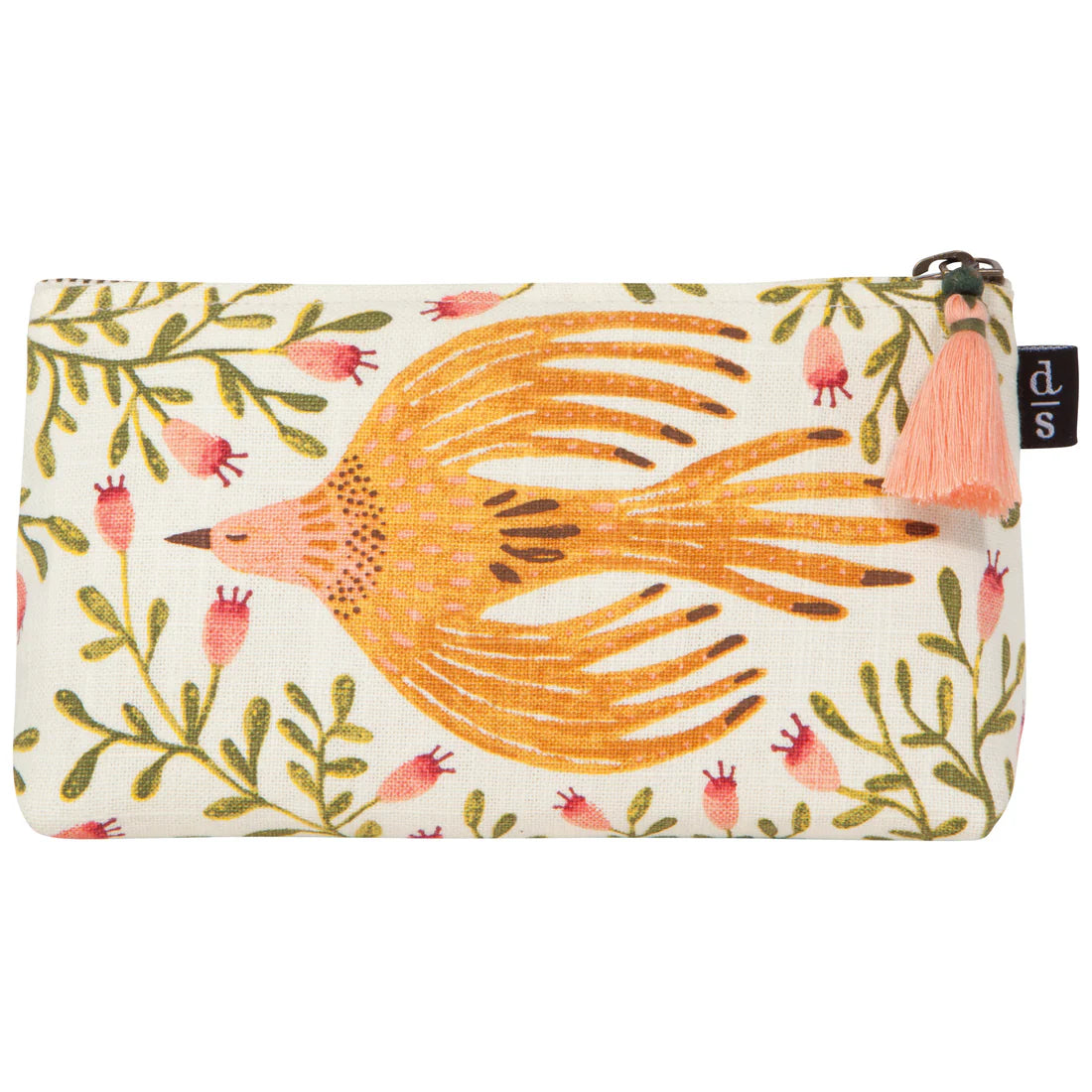 off-white zipper bag with bird and foliage design and blush tassel on zipper pull.