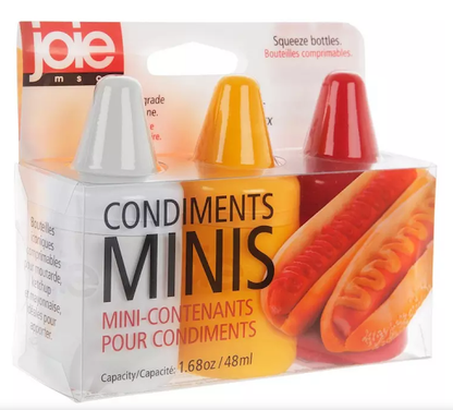 Packaging of Joie mini condiment bottles with colorful caps on a white background
