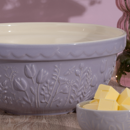 close-up of In the Meadow Lilac Tulip Mixing Bowl showing floral pattern.