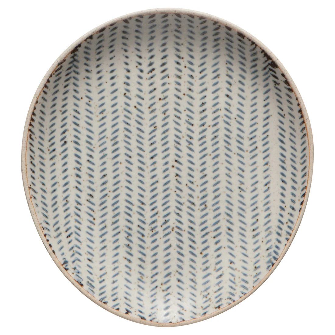 A blue and off-white ceramic spoon rest with a herringbone pattern.