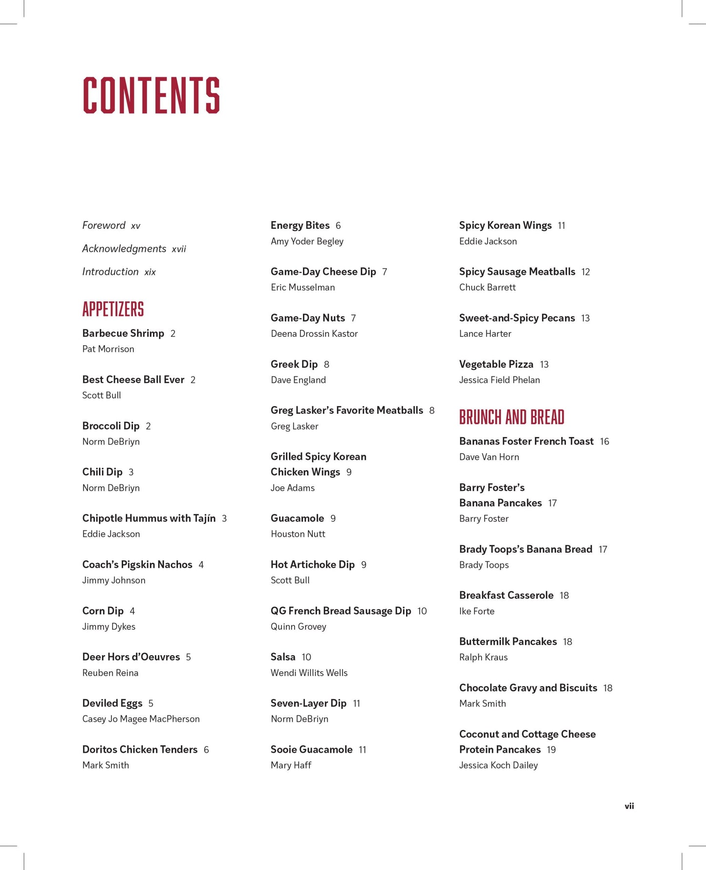 table of contents book page with black text and red headings like appetizers and brunch and bread