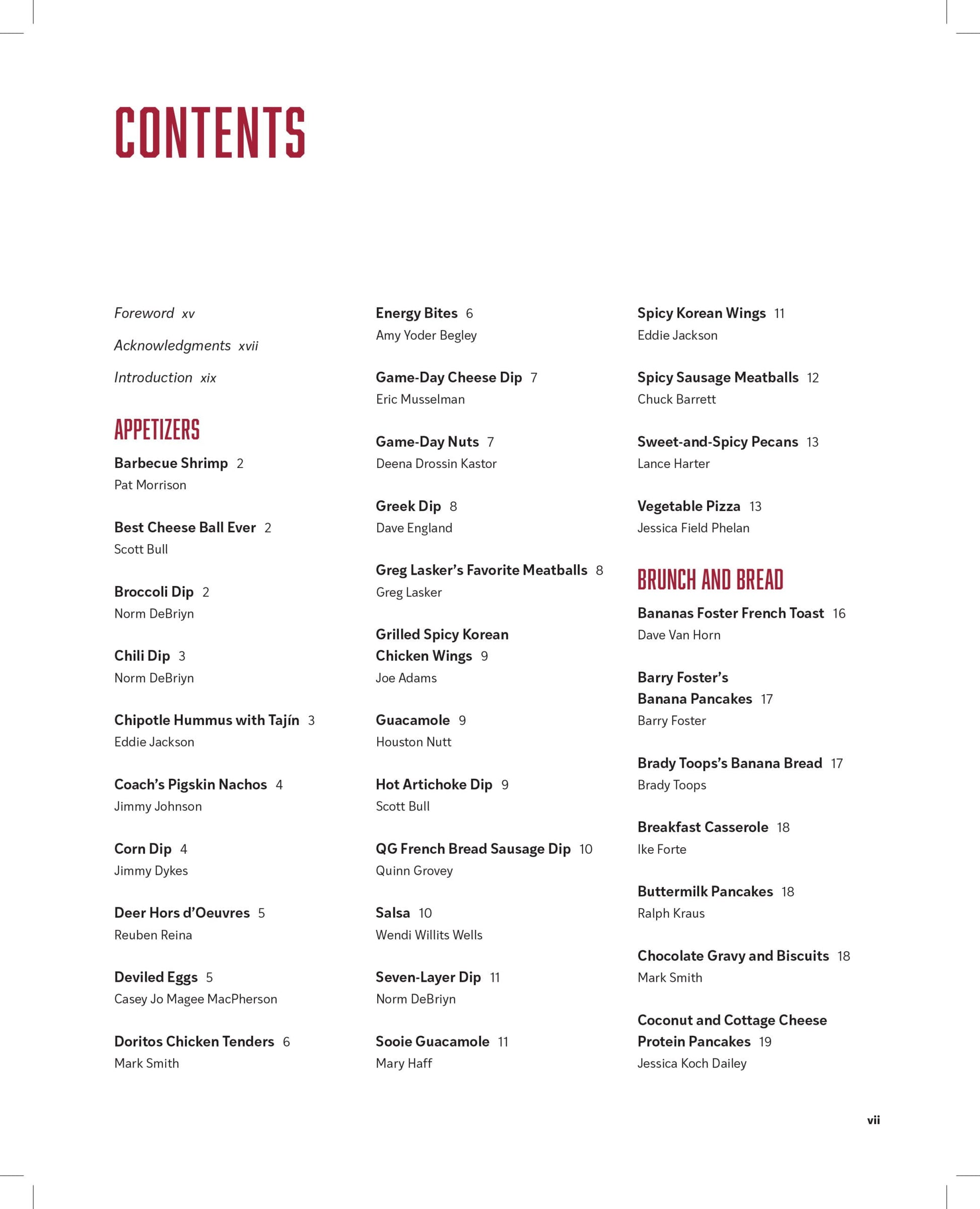 table of contents book page with black text and red headings like appetizers and brunch and bread