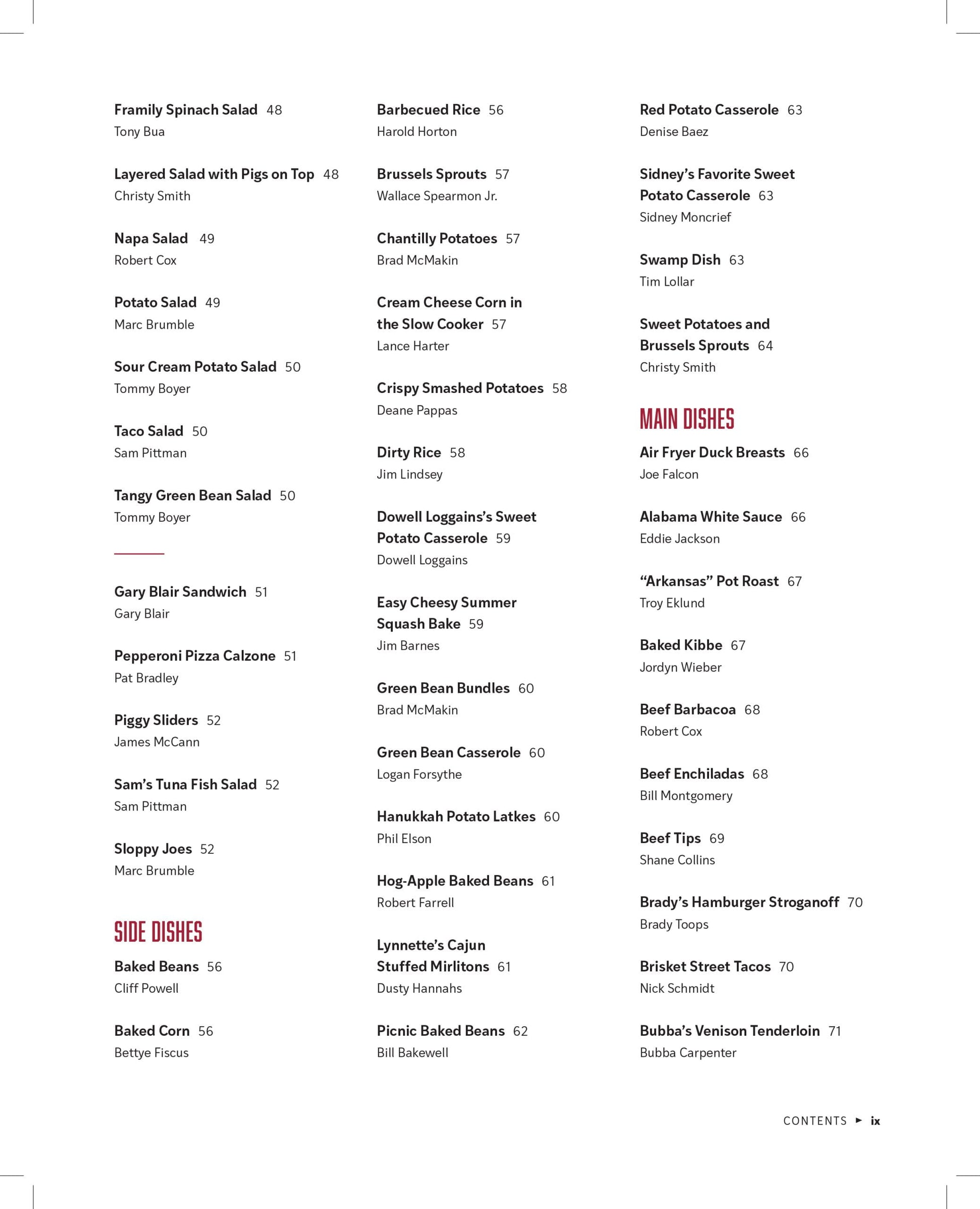 table of contents book page with black text and red headings like side dishes and main dishes
