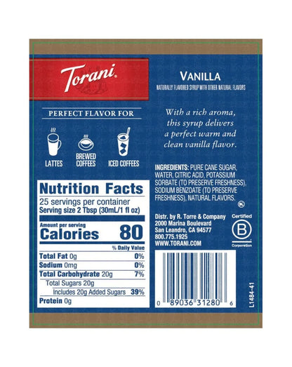 torani vanilla syrup nutritional label