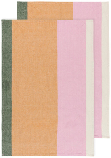 prism Formation Dishtowels with bands of green, orange, and pink.