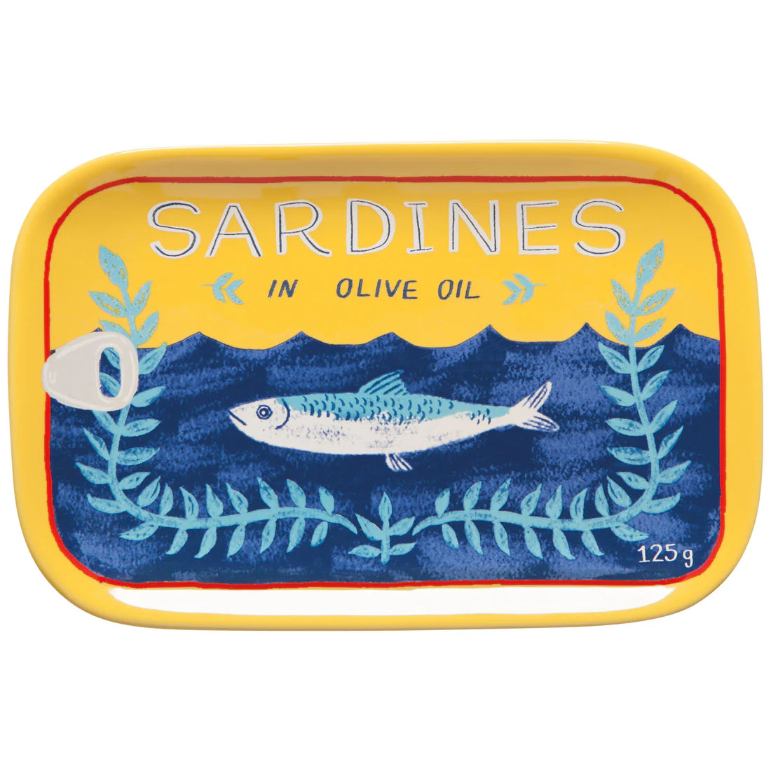 yellow Del Mar Sardine Dish with blue fish and water design