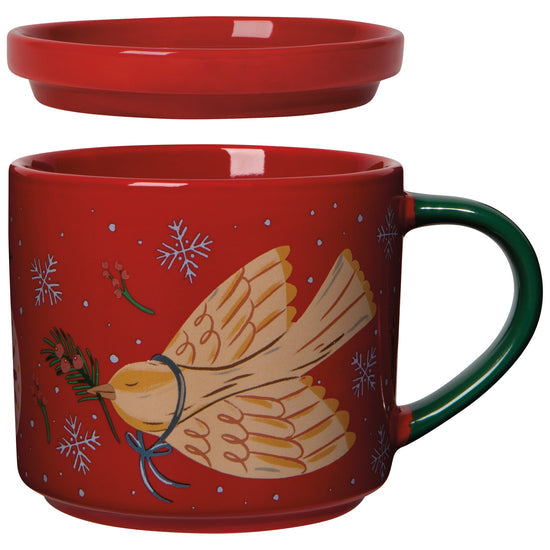 A red Christmas mug with a bird design, accompanied by a matching lid. The handle of the mug is green, and the mug features snowflake decorations.