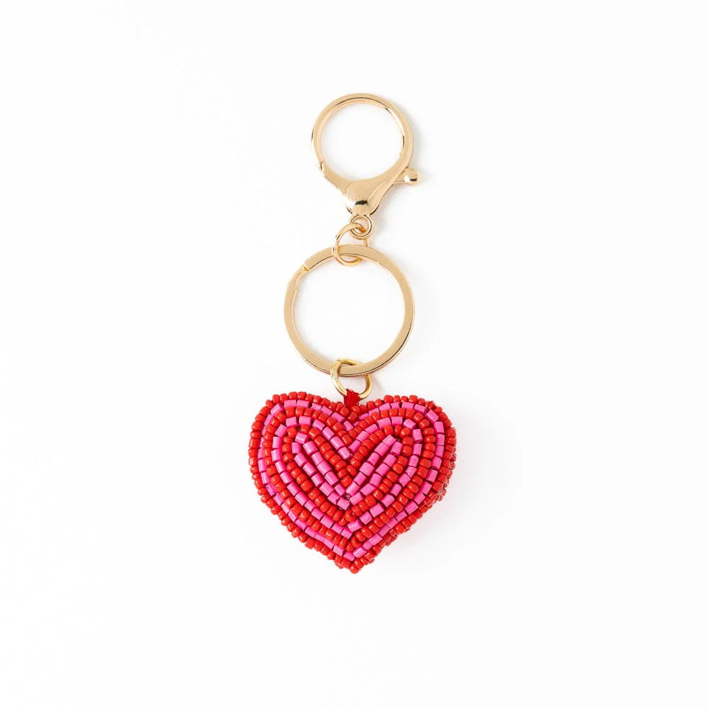 Red & Pink Puffy Heart Bag Charm with gold ring and clasp shown on a white background