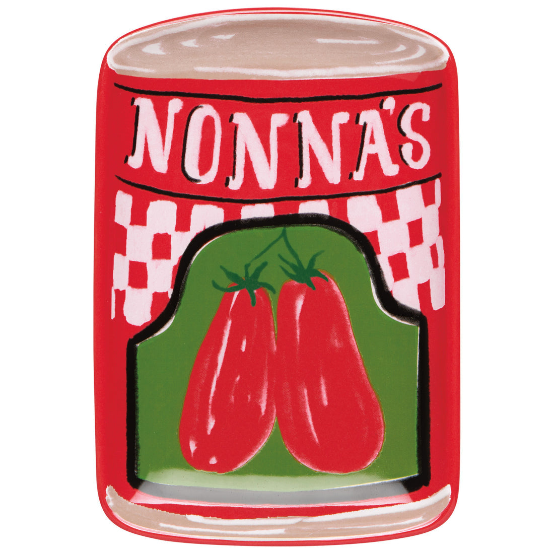dish that is painted to look like a can of nonna's tomatoes