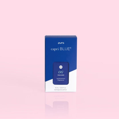 Volcano Pura Replacement Fragrance in its box packaging on a light pink background.