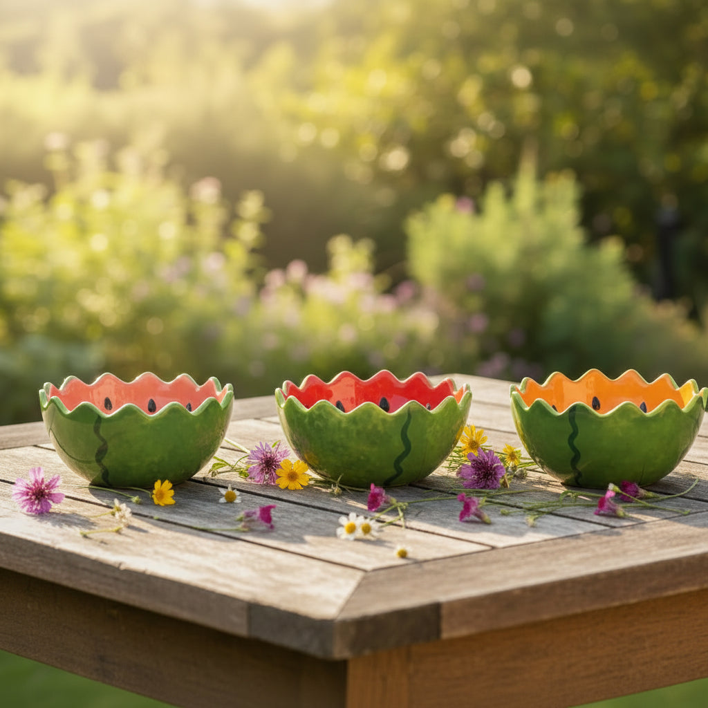 Three ceramic bowls shaped like watermelons on a wooden table in a outdoor setting