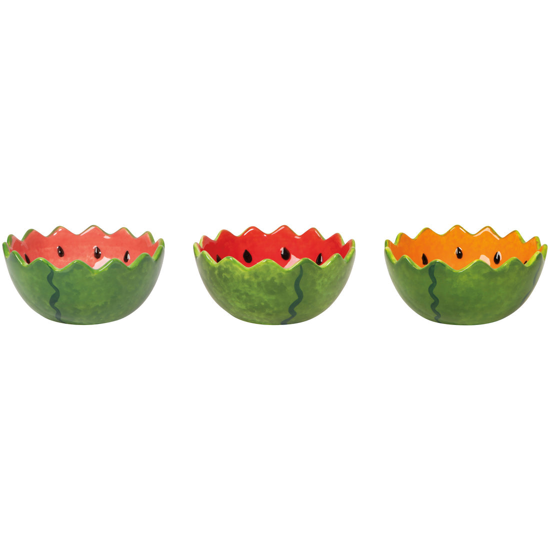 3 little bowls that look like watermelons, one with pink, one red, and one orange interior, all green on the outside