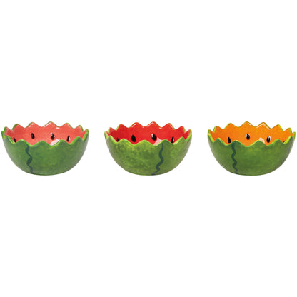 3 little bowls that look like watermelons, one with pink, one red, and one orange interior, all green on the outside