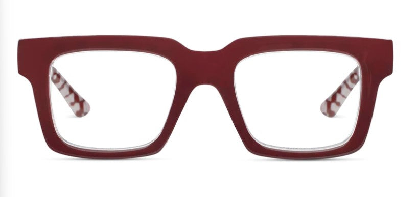 front view of the Dark Red & Check Louie Blue Light Reading Glasses on a white background