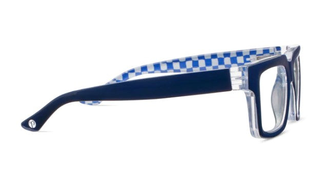 side view of the Navy & Check Louie Blue Light Reading Glasses on a white background