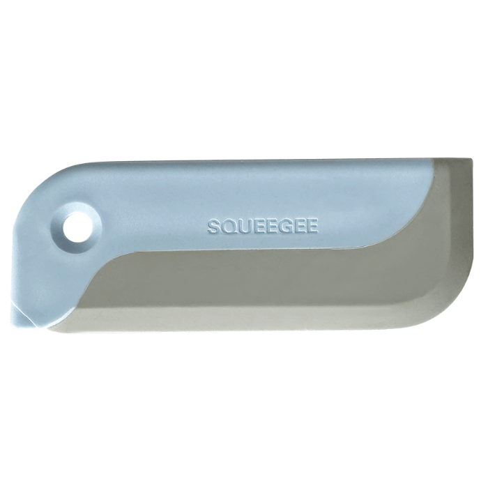 Squeegee with a blue handle and gray blade on a white background