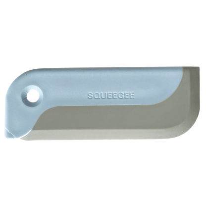 Squeegee with a blue handle and gray blade on a white background