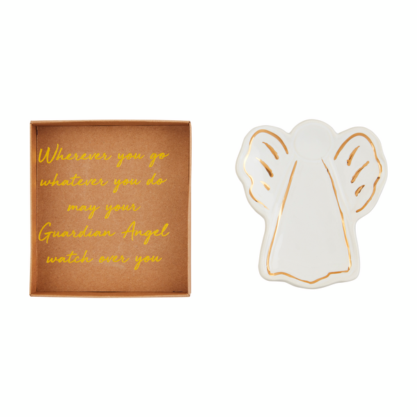 white ceramic angel shaped dish with striped wings set next to its box packaging.