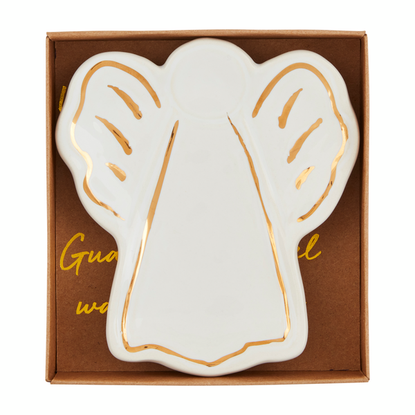 white ceramic angel shaped dish with striped wings.