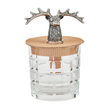 glass packaged with a deer bottle stopper, deer has long wide antlers.