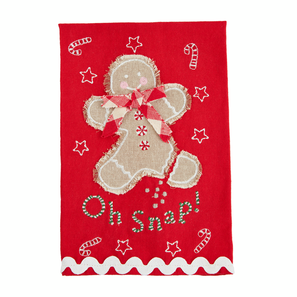 Red chambray towel with applique gingerbread man and "oh snap" stitched on it and a white ric-rac trim across the bottom.