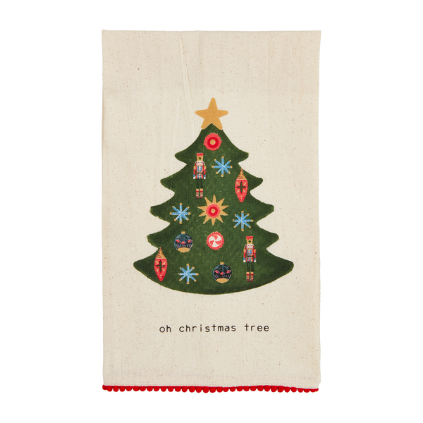 Towel printed with a Christmas tree and "O Christmas tree" across the bottom.