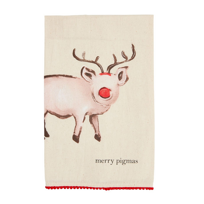 off-white towel with red pom trim and a pig wearing antlers and a red nose and "merry pigmas" printed on it.