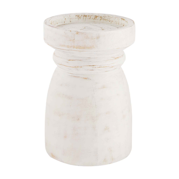 small wooden candlestick with washed white finish on a white background.
